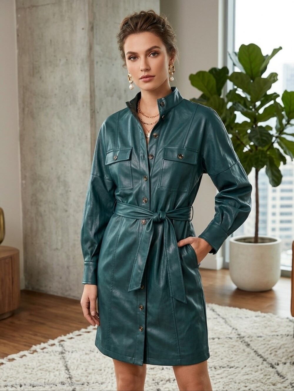 NWT New York & Company Faux Leather Belted Utility Shirt Dress